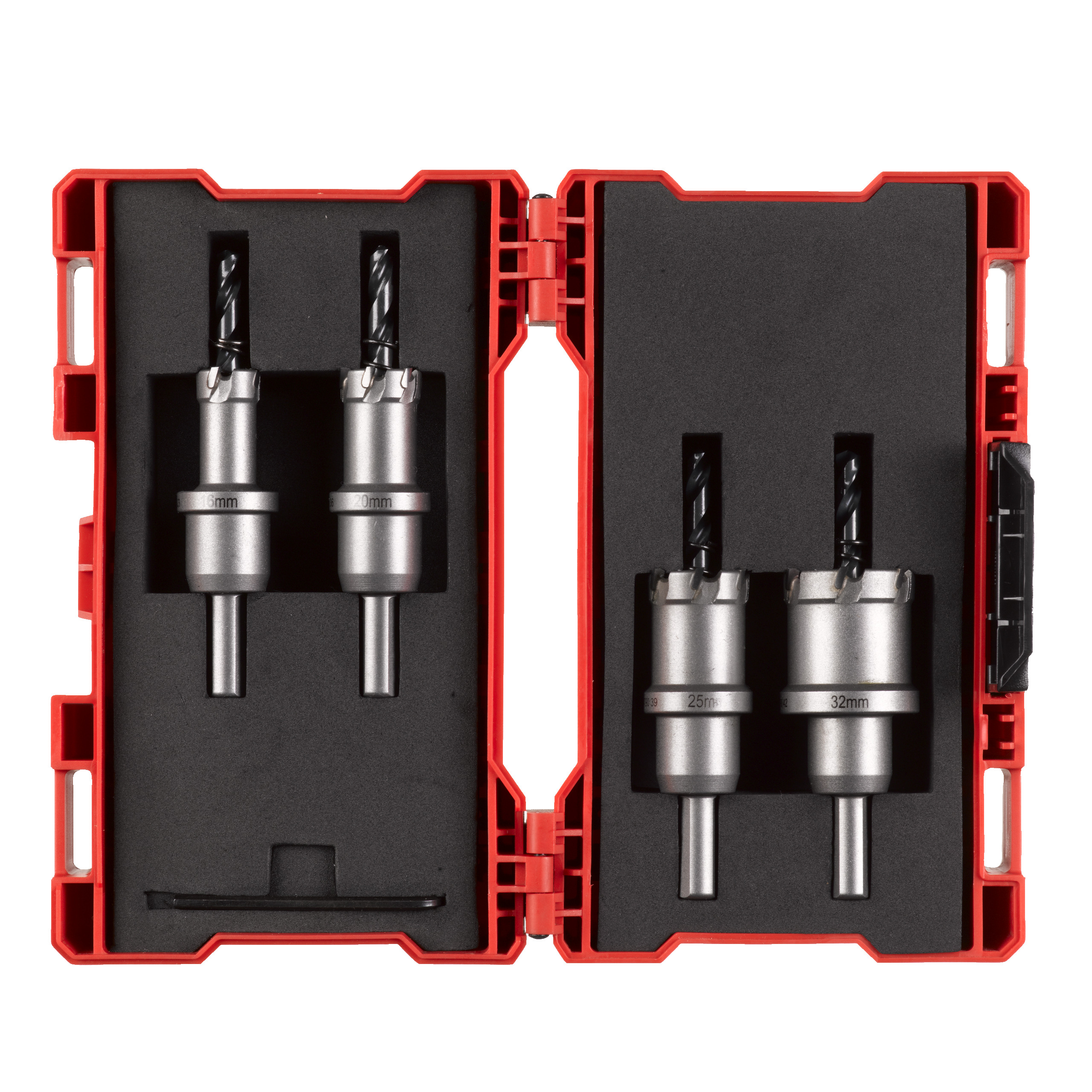 TCT Lochsäge HM-bestückt einteilig Set — 16, 20, 25, 32 mm in Kunststoffkassette