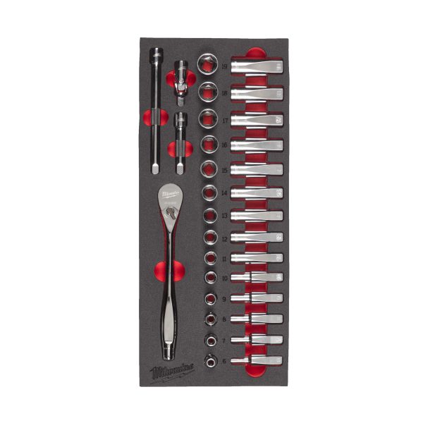 3/8" Ratschen- & Steckschlüsseleinsätze Einlage — 32-teilige Einlage für Werkstattwagen 78 cm