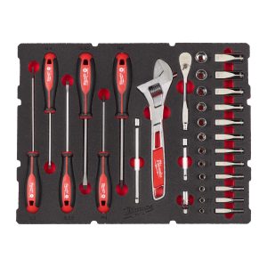 1/4" Ratschen- u. Steckschlüsseleinsätze, Tri-Lobe-Schraubendreher & Rollgabelschlüssel Einlage — 35-teilige Einlage für PACKOUT Koffer mit Schubladen