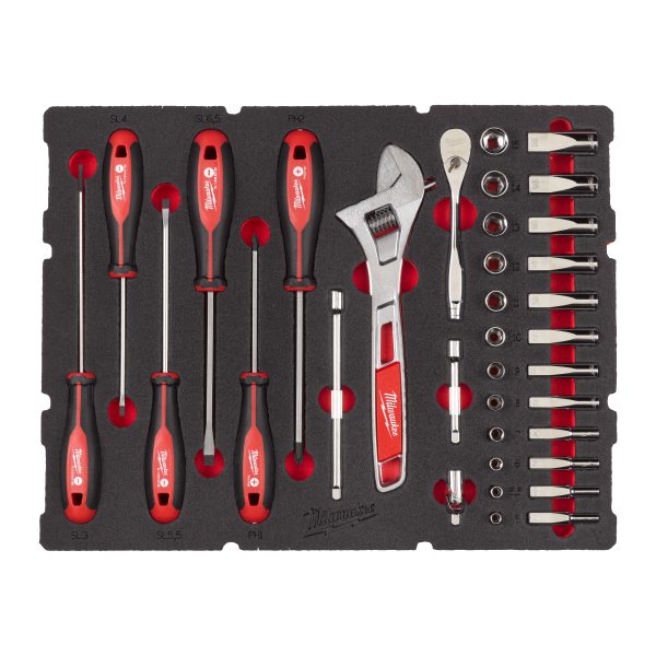 1/4" Ratschen- u. Steckschlüsseleinsätze, Tri-Lobe-Schraubendreher & Rollgabelschlüssel Einlage — 35-teilige Einlage für PACKOUT Koffer mit Schubladen