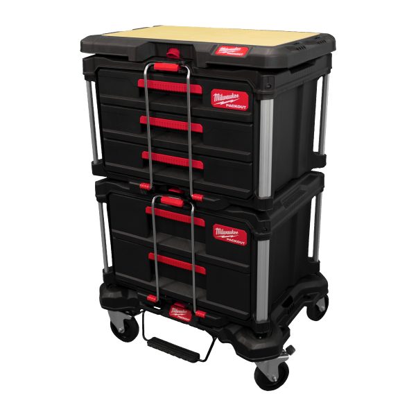 PACKOUT Starter-Set Automotive 4-teilig — PACKOUT Rollbrett, Koffer mit 2 Schubladen, Koffer mit 3 Schubladen u. Holz-Arbeitsplatte