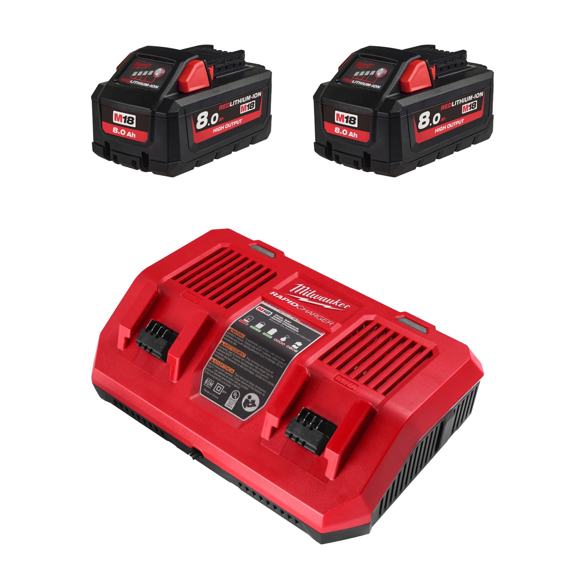 Akku Starter-Set M18HNRGO4-802: 2x 18V/8,0 Ah M18 HIGH OUTPUT Akku + Doppellader M18 DFC