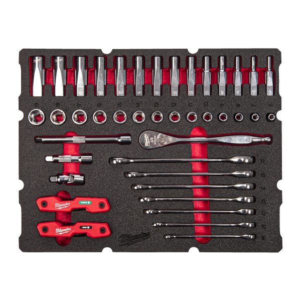3/8" Ratschen- u. Steckschlüsseleinsätze, Ratschen-Ringmaulschlüssel Einlage — 55-teilige Einlage für PACKOUT Koffer mit Schubladen