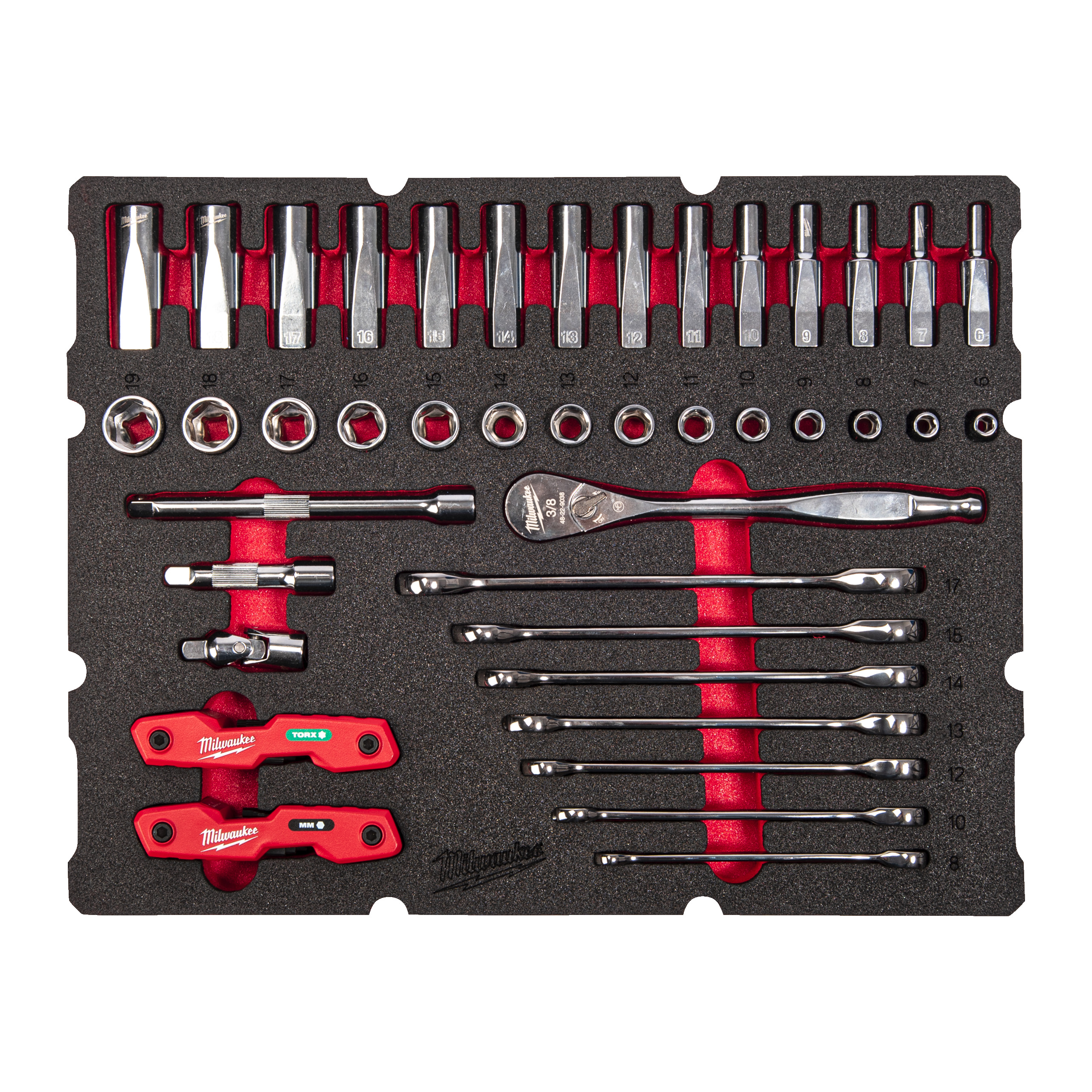 3/8" Ratschen- u. Steckschlüsseleinsätze, Ratschen-Ringmaulschlüssel Einlage — 55-teilige Einlage für PACKOUT Koffer mit Schubladen