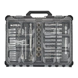 Ratschen- und Steckschlüsseleinsatz Set 1/4" und 1/2" metrisch und imperial — 63-teilig im PACKOUT Organiser Compact