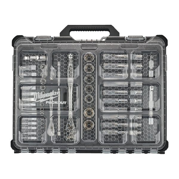 Ratschen- und Steckschlüsseleinsatz Set 1/4" und 1/2" metrisch und imperial — 63-teilig im PACKOUT Organiser Compact