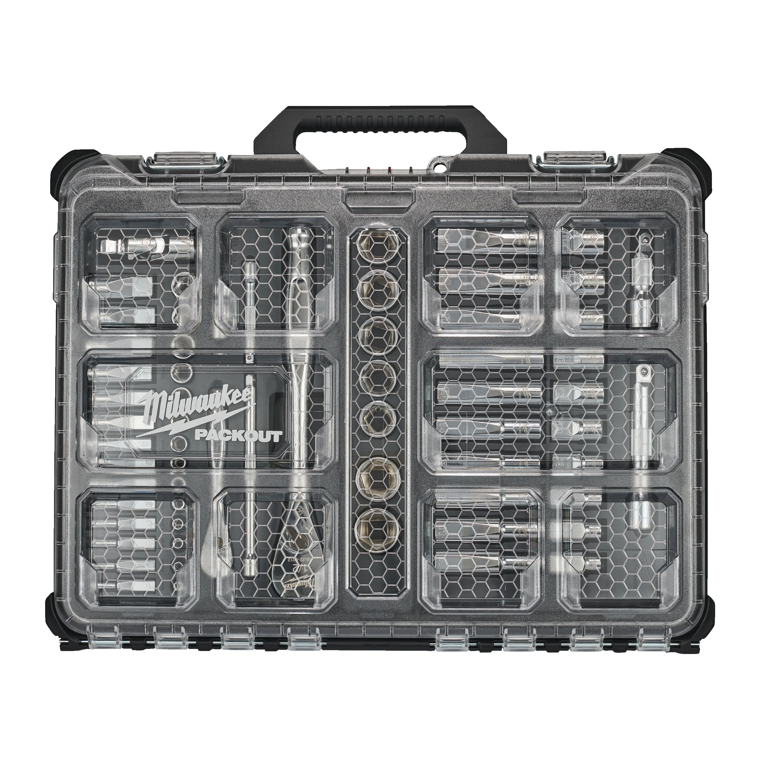 Ratschen- und Steckschlüsseleinsatz Set 1/4" und 1/2" metrisch und imperial — 63-teilig im PACKOUT Organiser Compact