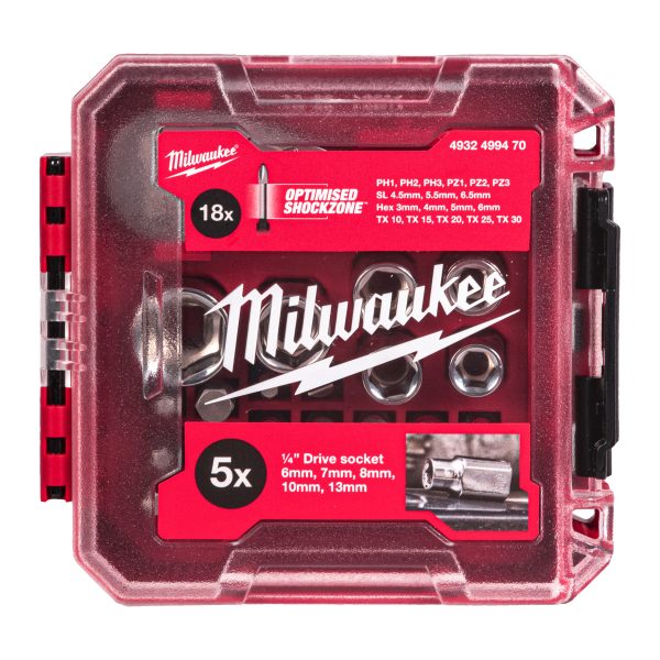 1/4" Kompakt-Ratschen-, Standard Steckschlüsseleinsätze und Bit-Set — metrisch, 25-teilig, in PACKOUT kompatibler Kassette