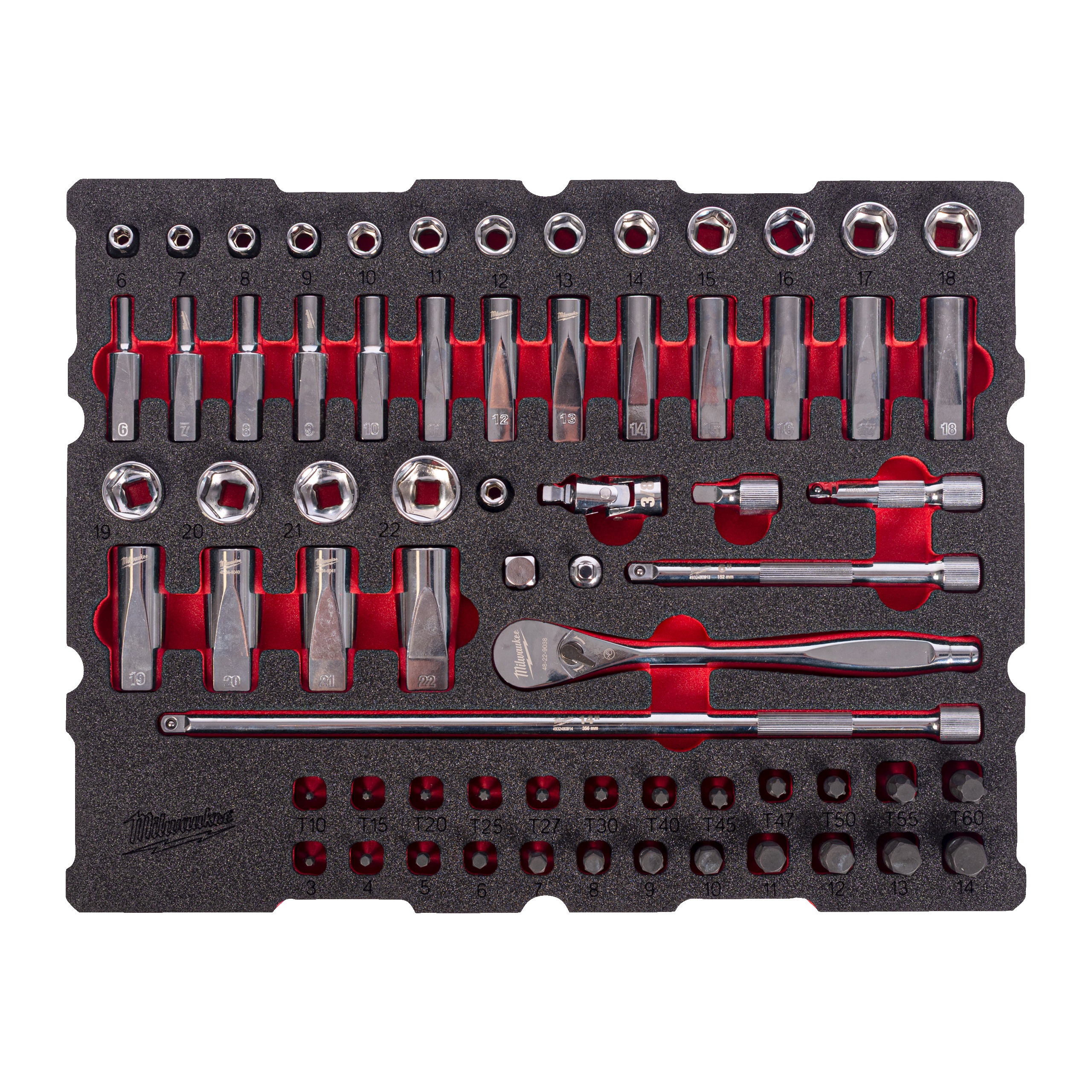 3/8" Ratschen- u. Steckschlüsseleinsätze Einlage — 67-teilige Einlage für PACKOUT Koffer mit Schubladen