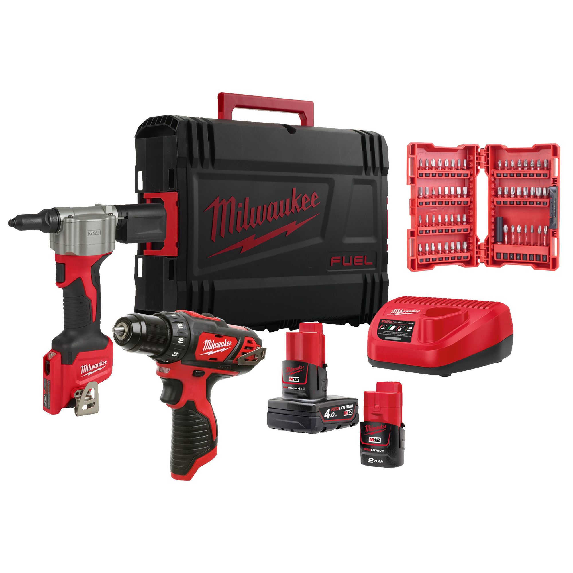 Akkuwerkzeug-Set M12BPP2L-422X 1x2,0/1x4,0 Ah + Lader + Set Schrauben 56-teilig