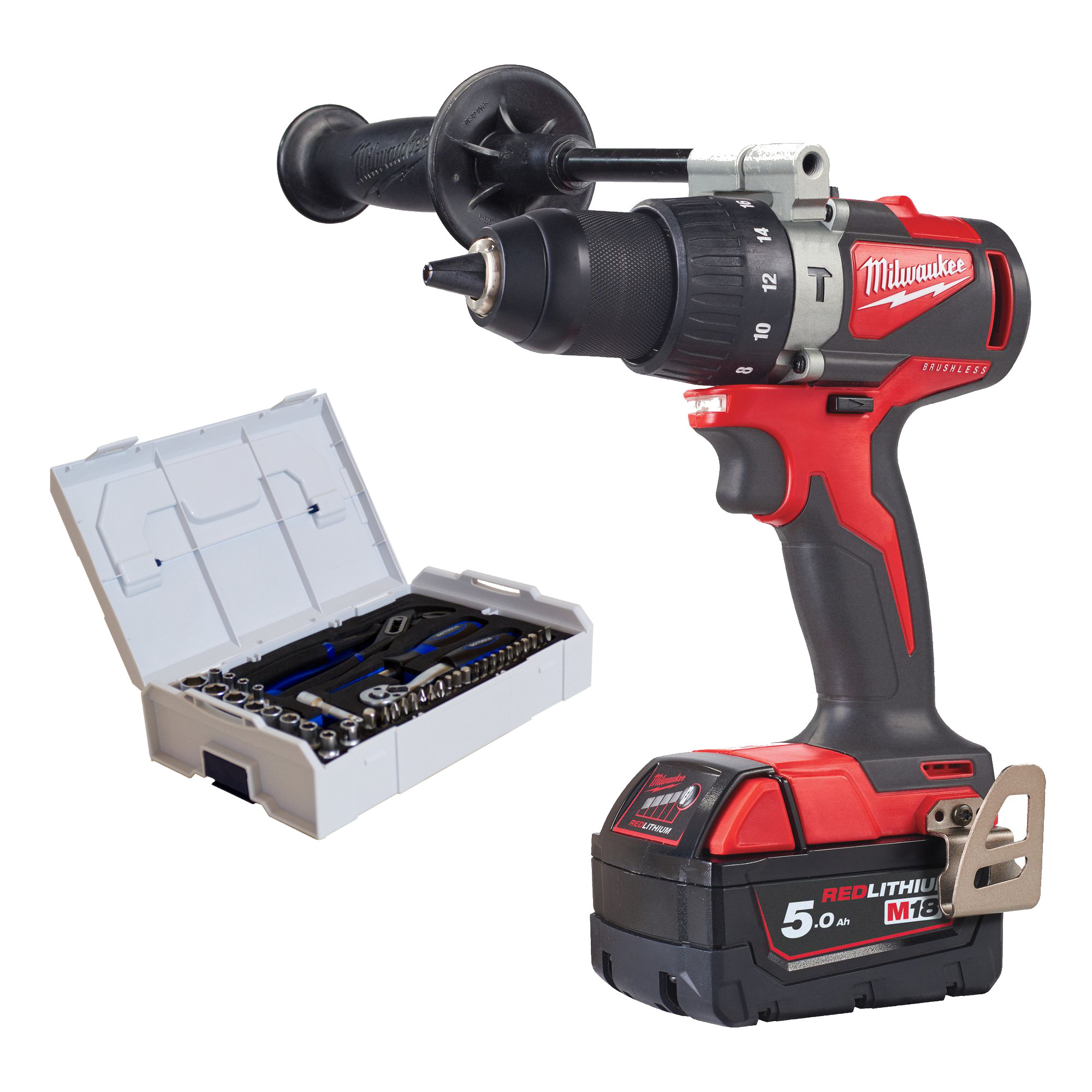 Akku-Schlagbohrschrauber M18BLPD2-502X, 2x 5,0 Ah und Ladegerät + GOTOOLS Steckschlüssel-Satz 1/4" 38-teilig in L-Boxx mini