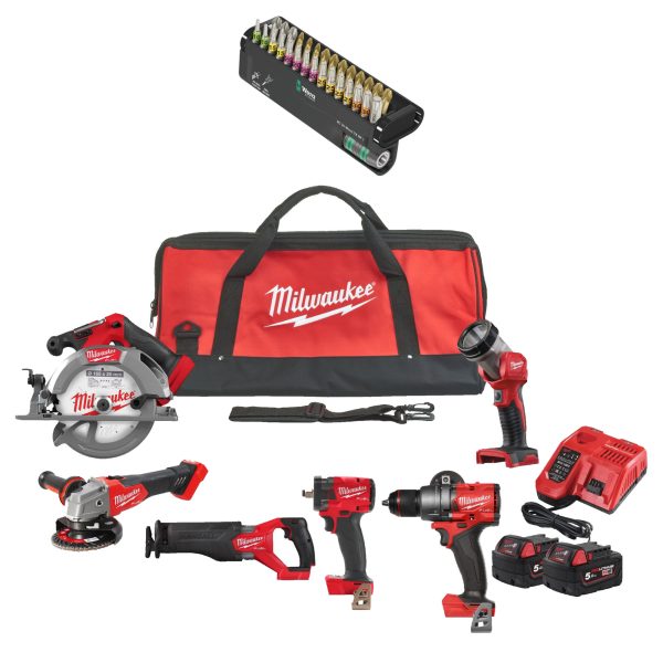 M18 POWERPACK M18FPP6H3-502B, 6 Geräte, 2x 5,0 Ah und Ladegerät + Wera Bit-Check 30 Wood TORX HF