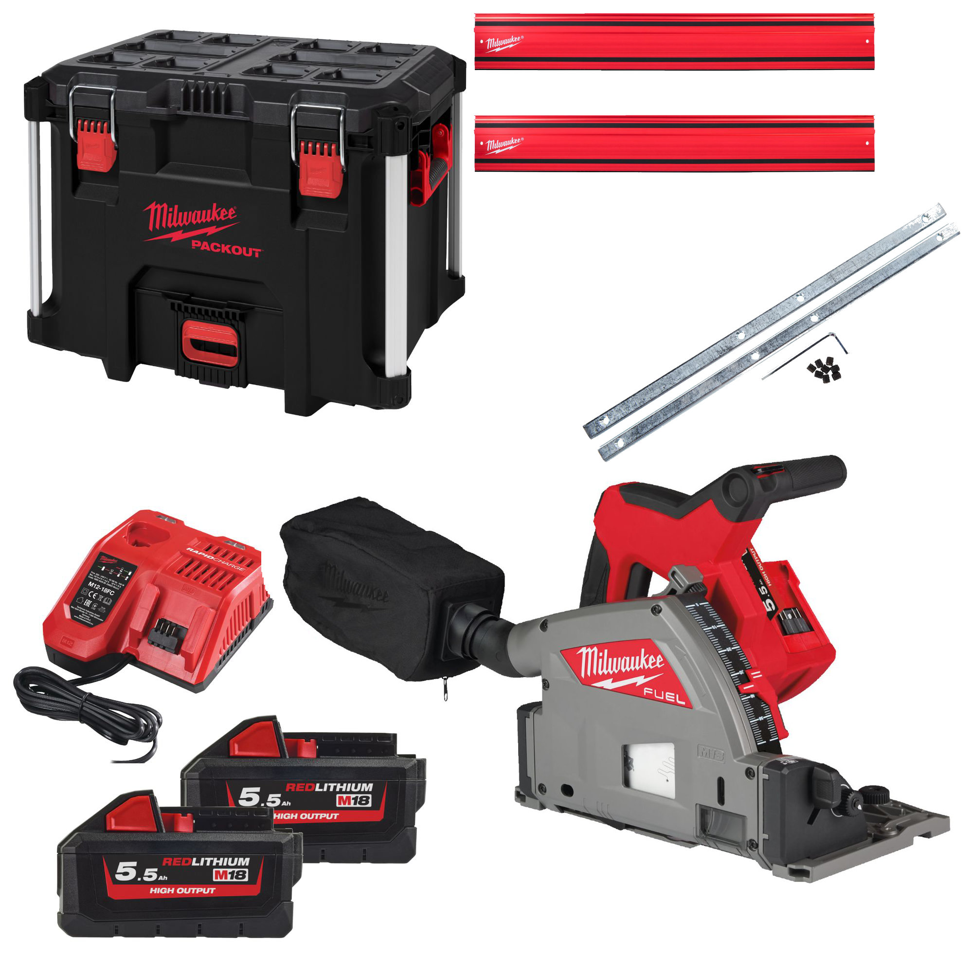 FUEL Akku-Tauchsäge-Set M18FPS55-552P, 2x 5,5 HB und Lader in PACKOUT + 2x Führungsschienen 1400 mm + Verbinder + Tasche