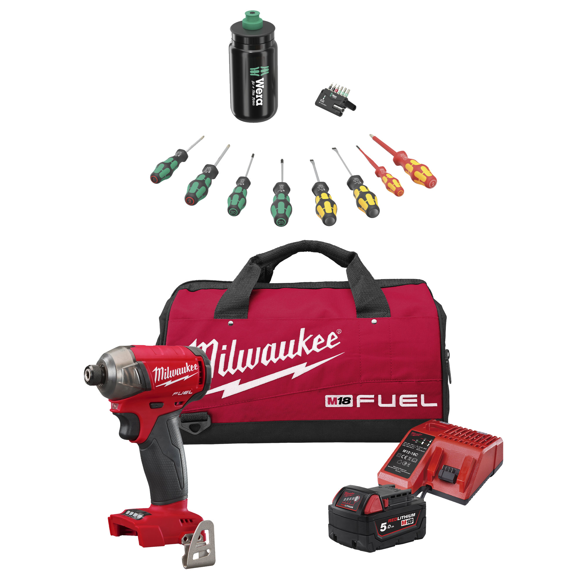 M18 FEUEL Akku-Schlagschrauber M18FQID-501B, 1x 5,0 Ah und Ladegerät + Wera Schraubwerkzeug-Set mit Flasche