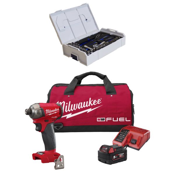 M18 FEUEL Akku-Schlagschrauber M18FQID-501B, 1x 5,0 Ah und Ladegerät  + GOTOOLS Steckschlüssel-Satz 1/4" 38-teilig in L-Boxx mini