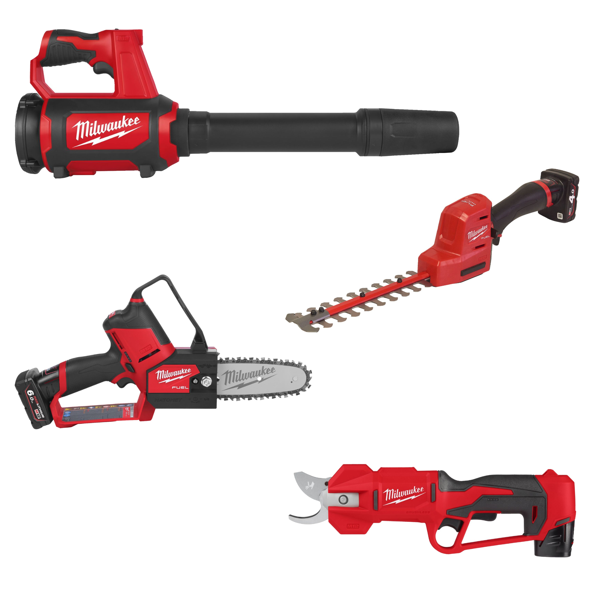 Akku-Astsäge M12FHS-602X 2x 6,0 Ah Akku + Lader + Akku-Heckenschere M12FHT20 + Akku-Astschere M12BLPRS + Akku-Gebläse M12BBL