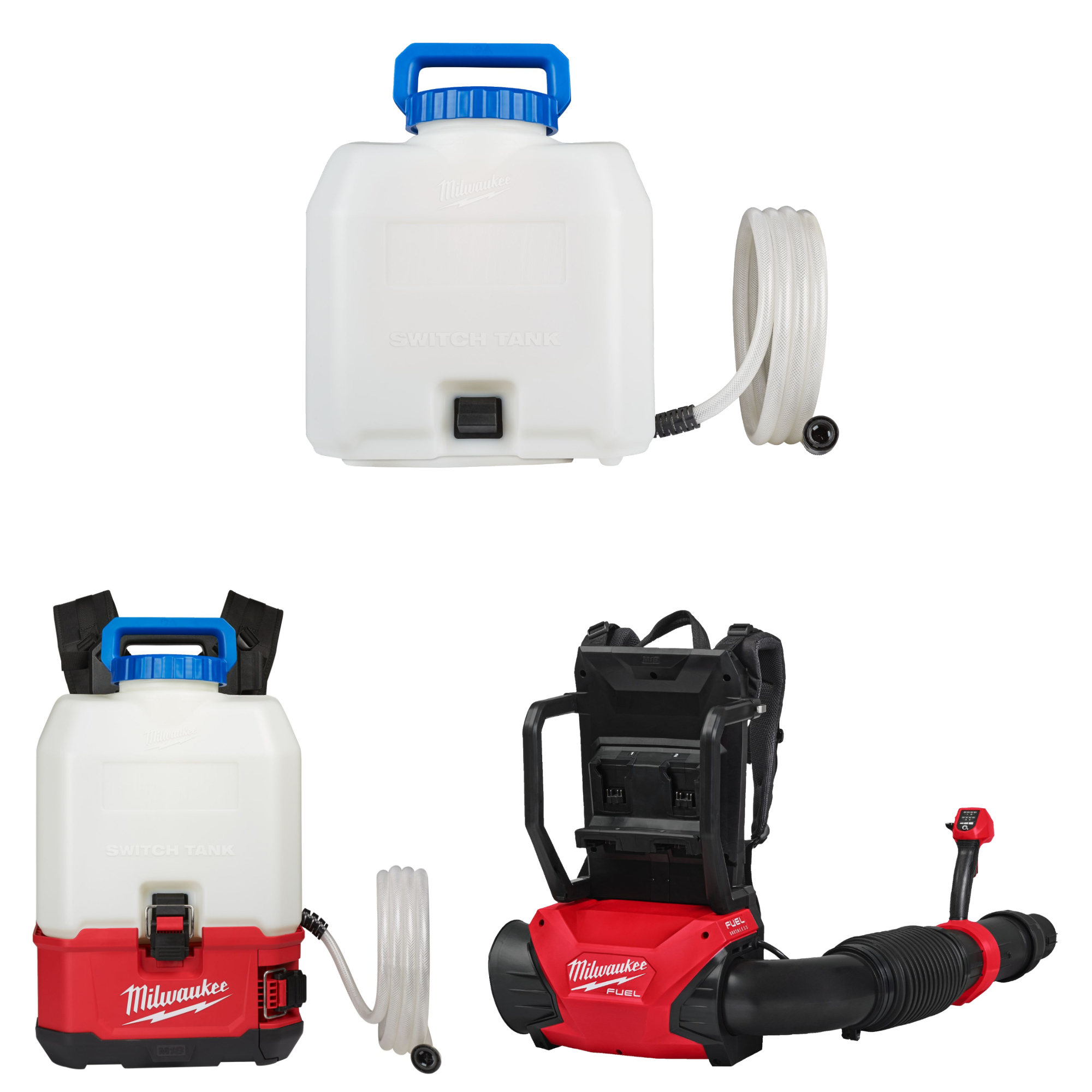 M18 FUEL Akku-Rucksackgebläse M18F2BPB-0 + Akku-Rucksack-Sprühgerät M18BPFPH-401 + Switch Tank 15 L Wassertank für Sprühgerät M18 BPFPH