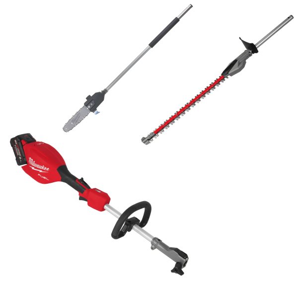 M18 FUEL Akku-Basiseinheit mit QUIK-LOK M18FOPH2-802, 2x 8,0 Ah FORGE und Ladegerät + Heckenscheren- und Kettensägenaufsatz