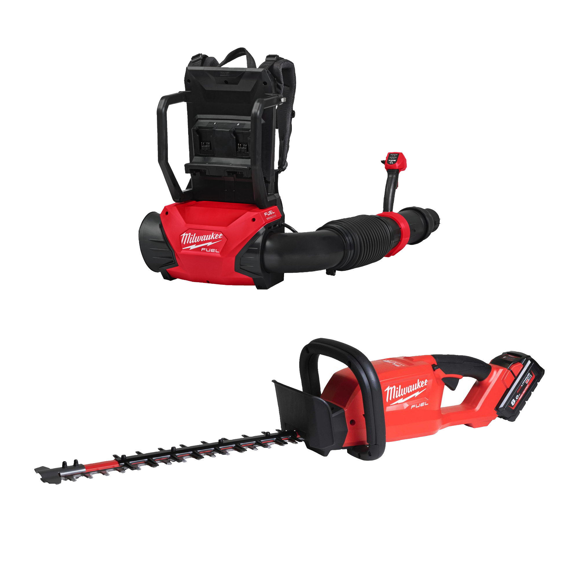 M18 FUEL Akku-Heckenscheren-Set 45 cm M18FHET45-802 + Rucksackgebläse F2BPB, 2x 8,0 HB und Ladegerät