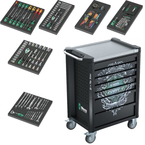 Wera 9705 Tool Rebel Werkstattwagen Stainless 1, 177-tlg., bestückt mit 6 Einlagen