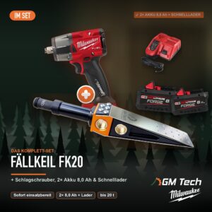 Komplett-Set: GM-Tech Fällkeil FK20 + Milwaukee M18 FUEL ½″ Schlagschrauber + 2× Akku 8,0 Ah + Schnelllader