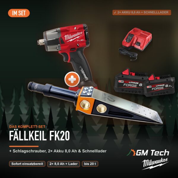 Komplett-Set: GM-Tech Fällkeil FK20 + Milwaukee M18 FUEL ½″ Schlagschrauber + 2× Akku 8,0 Ah + Schnelllader