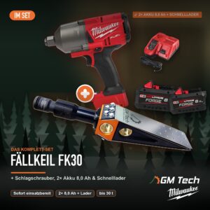 Komplett-Set: GM-Tech Fällkeil FK30 + Milwaukee M18 FUEL ¾″ ONE-KEY Schlagschrauber + 2× Akku 8,0 Ah + Schnelllader